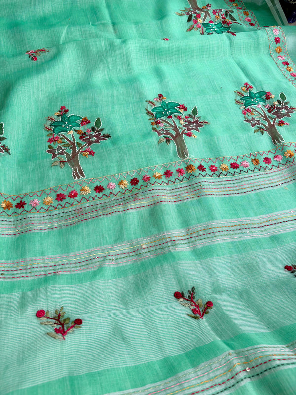 Hand-embroidered & Painted Linen Saree