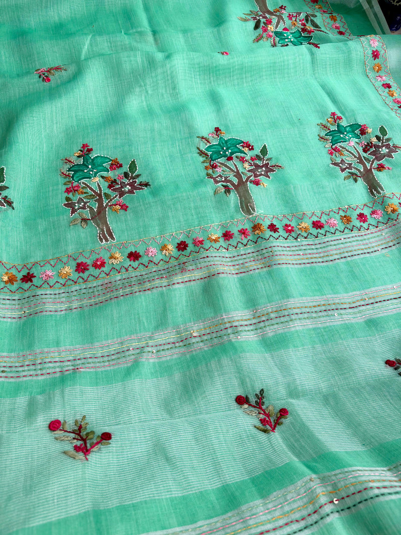 Hand-embroidered & Painted Linen Saree