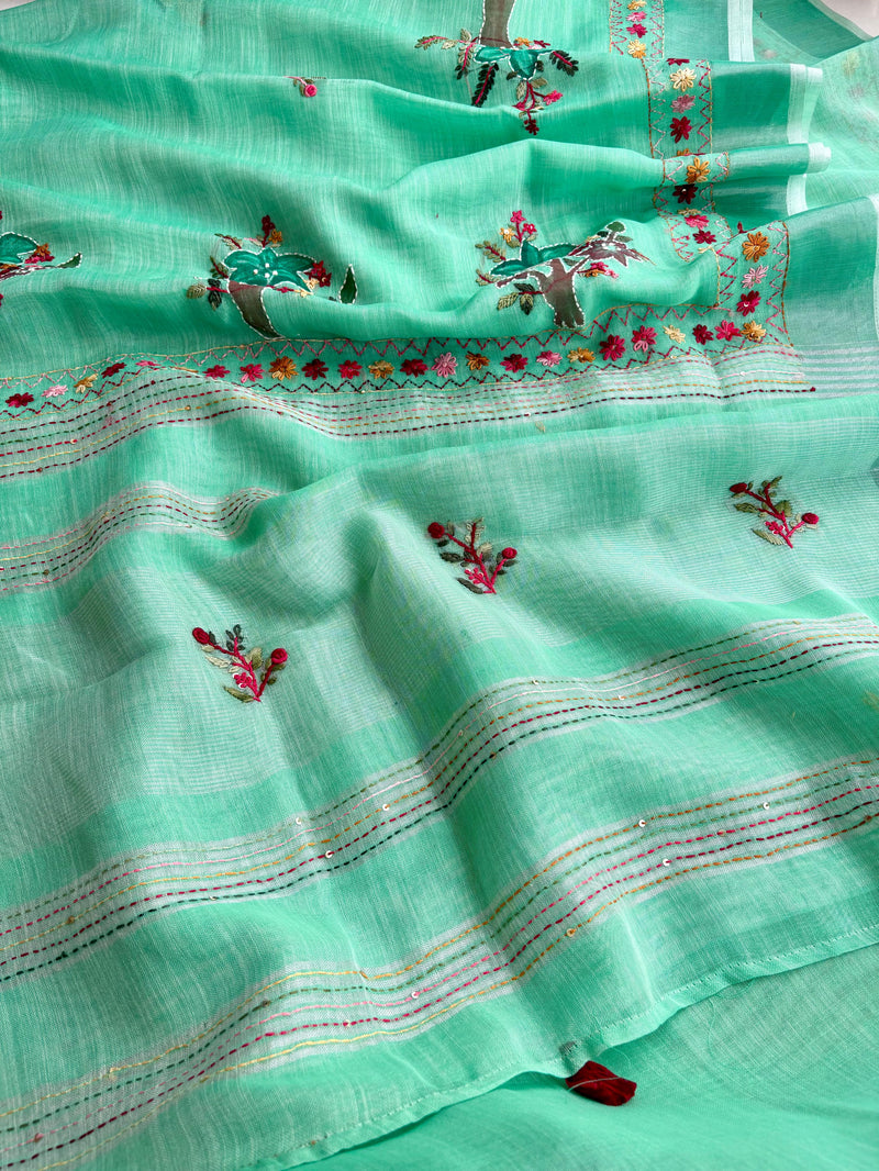 Hand-embroidered & Painted Linen Saree