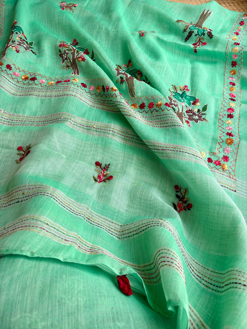 Hand-embroidered & Painted Linen Saree