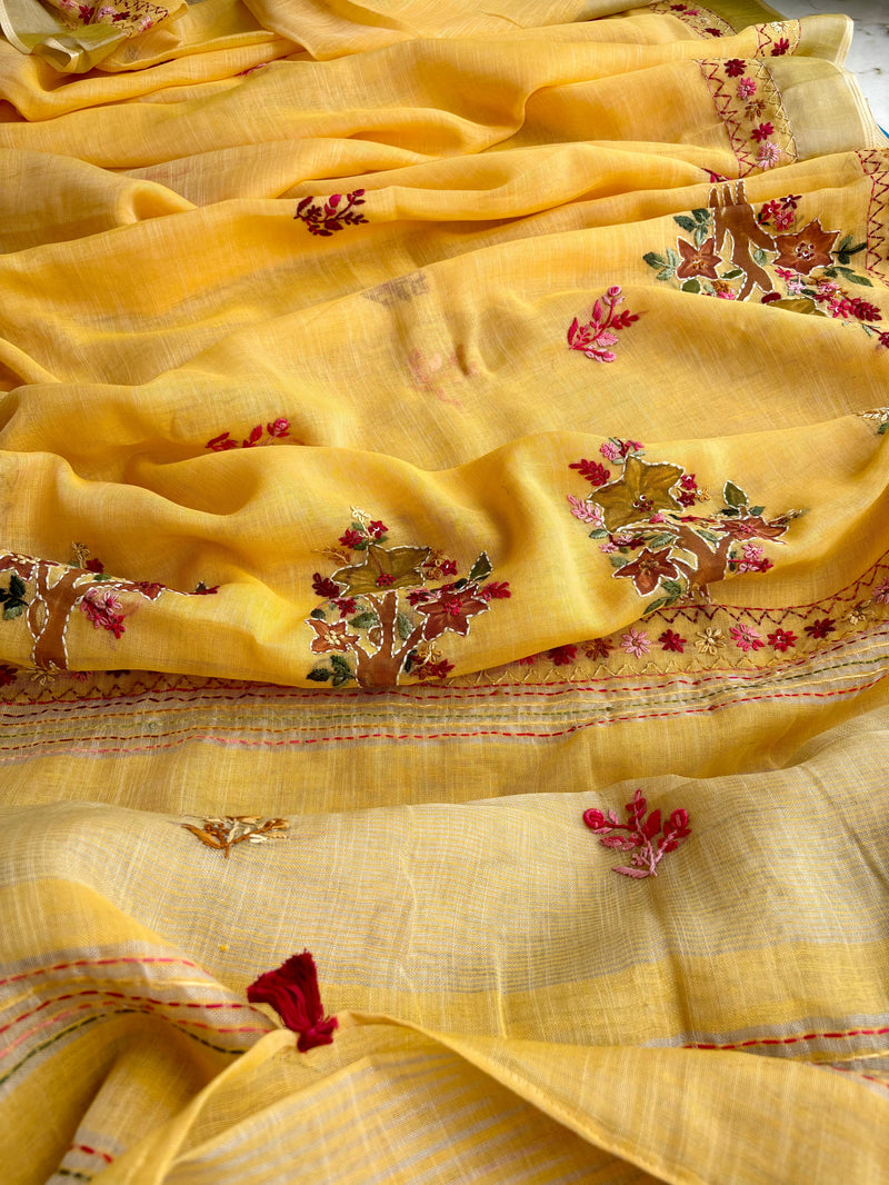 Hand-embroidered & Painted Linen Saree