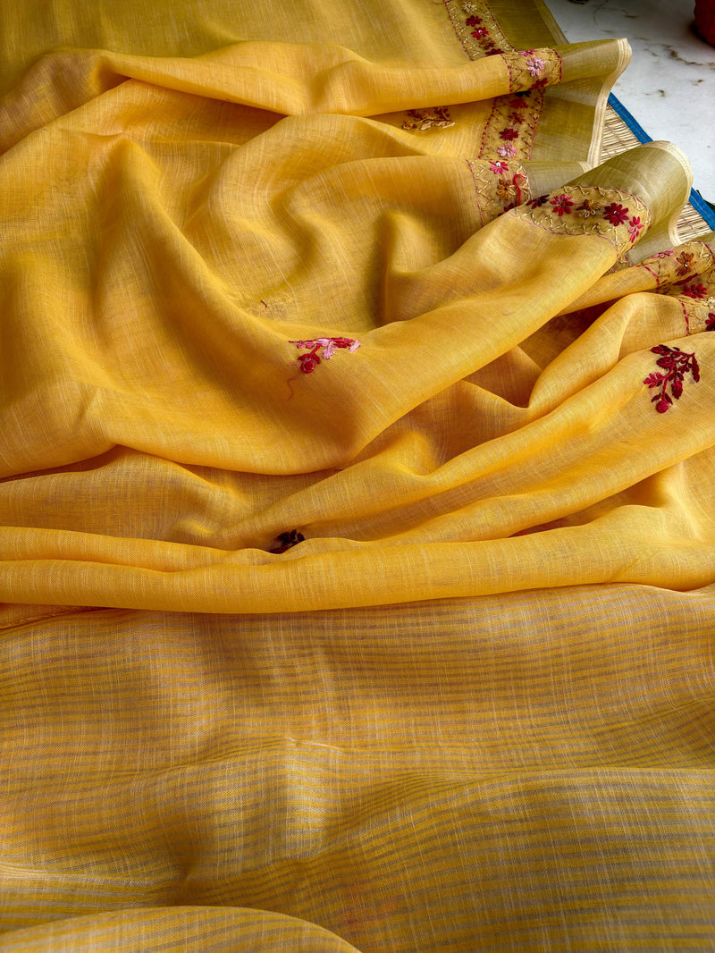 Hand-embroidered & Painted Linen Saree