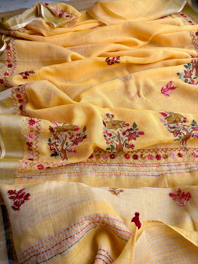 Hand-embroidered & Painted Linen Saree