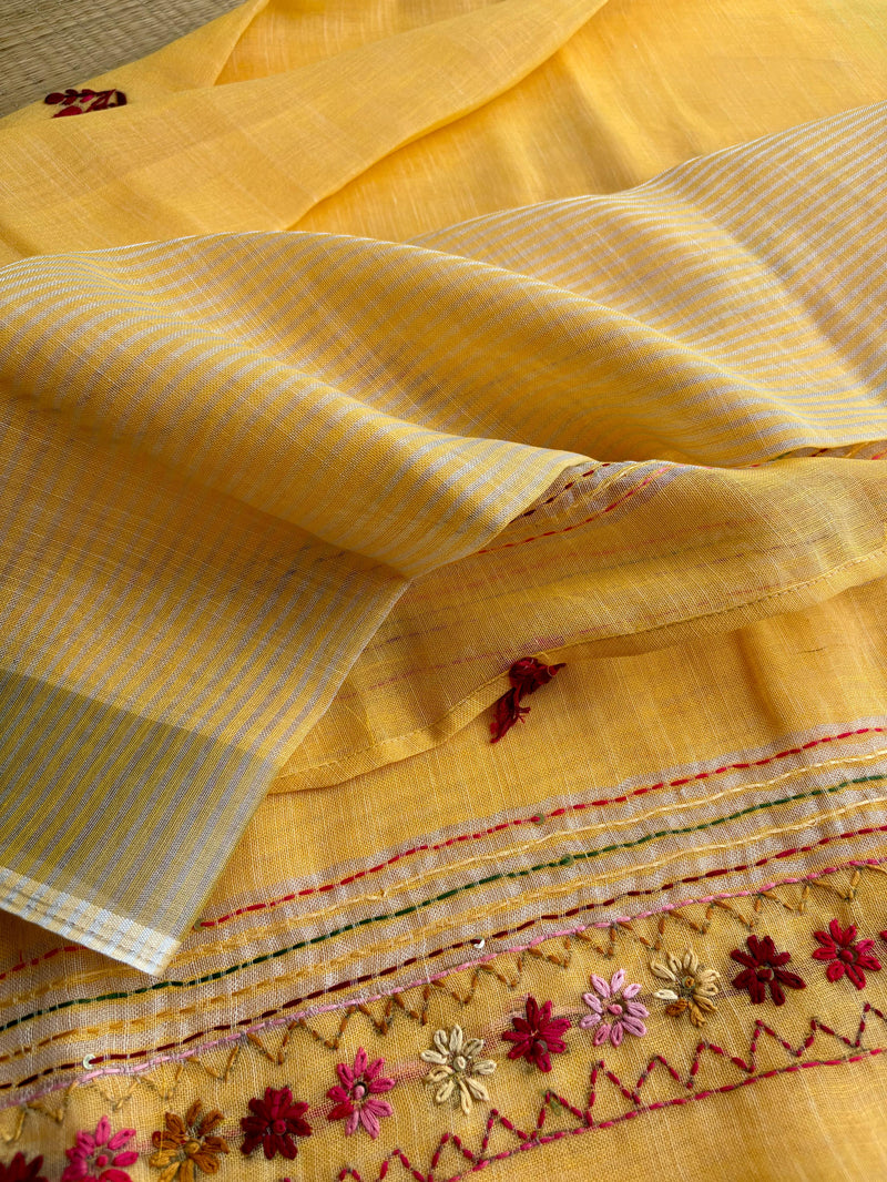 Hand-embroidered & Painted Linen Saree