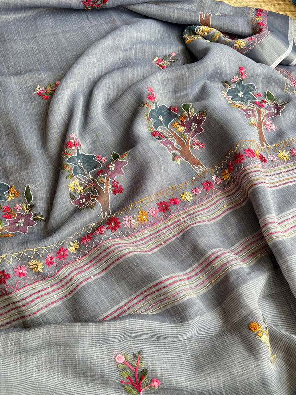 Hand-embroidered & Painted Linen Saree