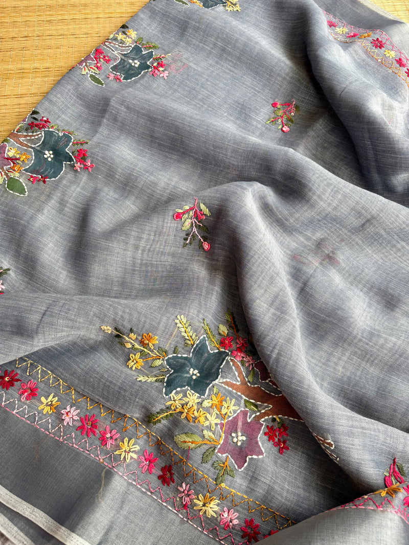 Hand-embroidered & Painted Linen Saree