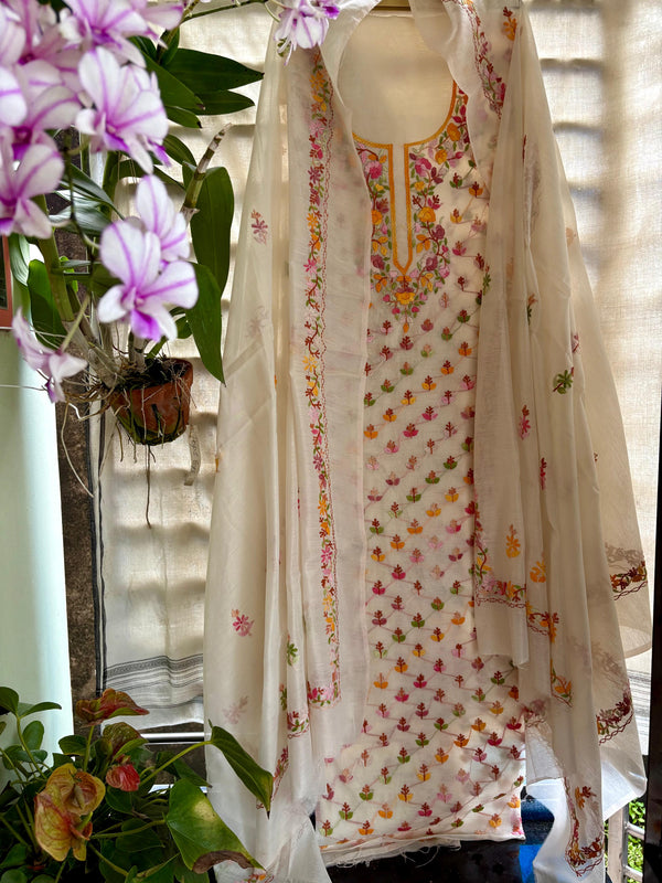 Hand Embroidered 3 Pc Unstitched Set in Cotton Chanderi