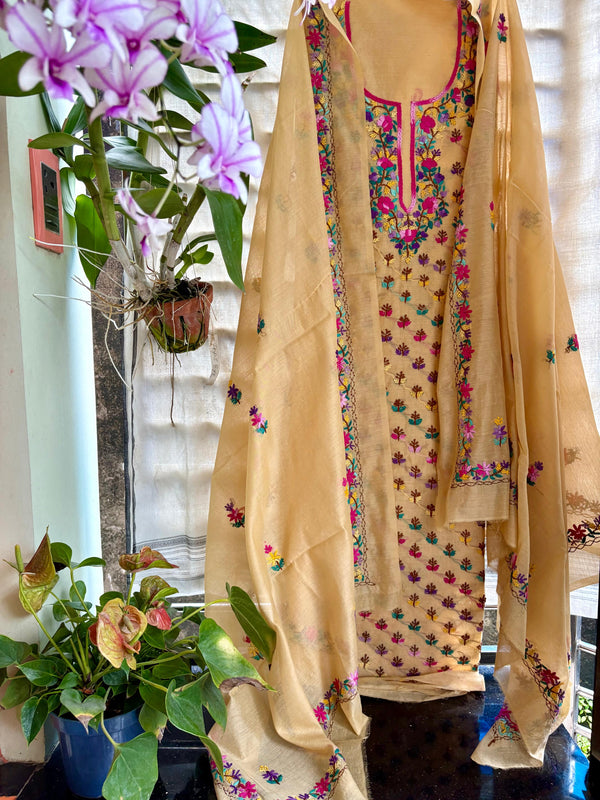 Hand Embroidered 3 Pc Unstitched Set in Cotton Chanderi