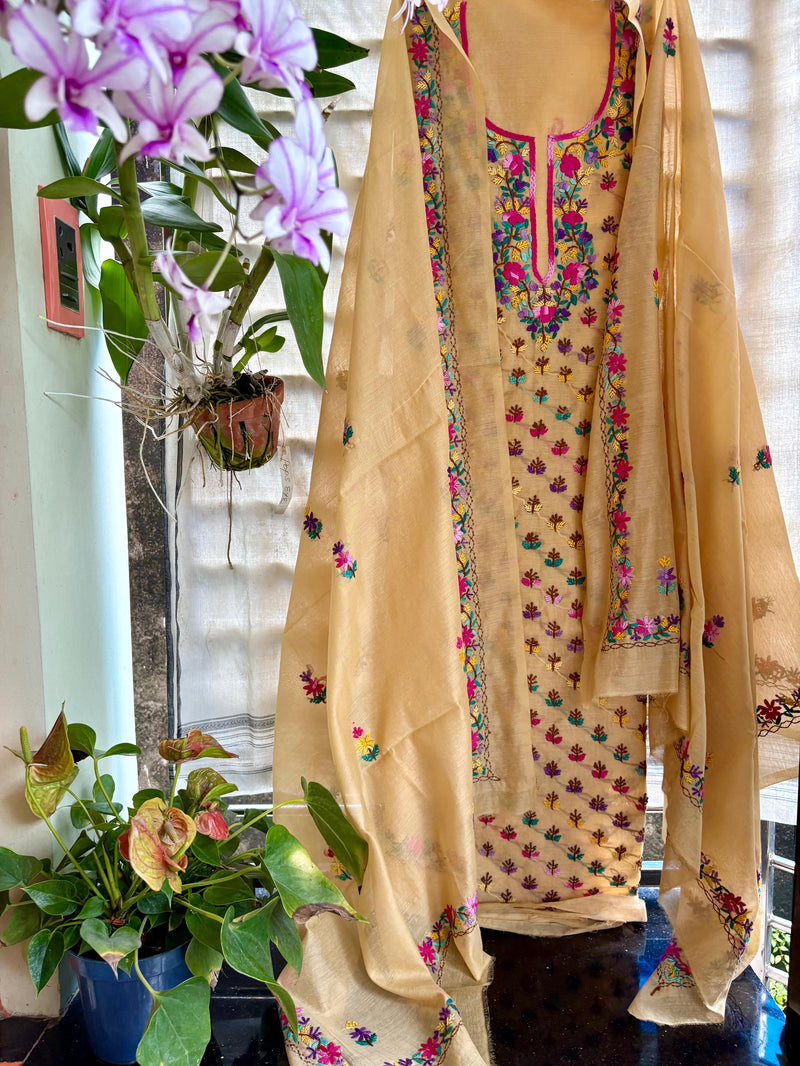 Hand Embroidered 3 Pc Unstitched Set in Cotton Chanderi