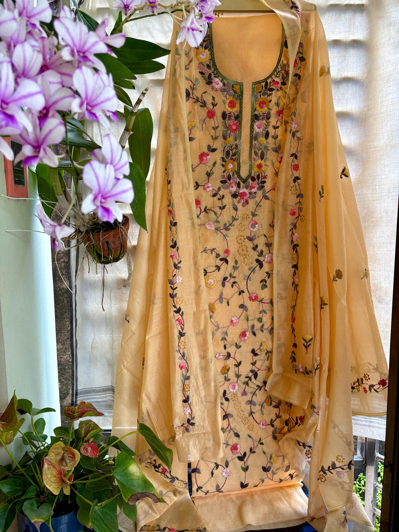 Hand Embroidered 3 Pc Unstitched Set in Cotton Chanderi