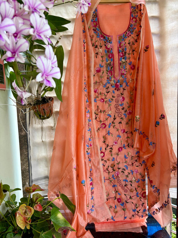 Hand Embroidered 3 Pc Unstitched Set in Cotton Chanderi