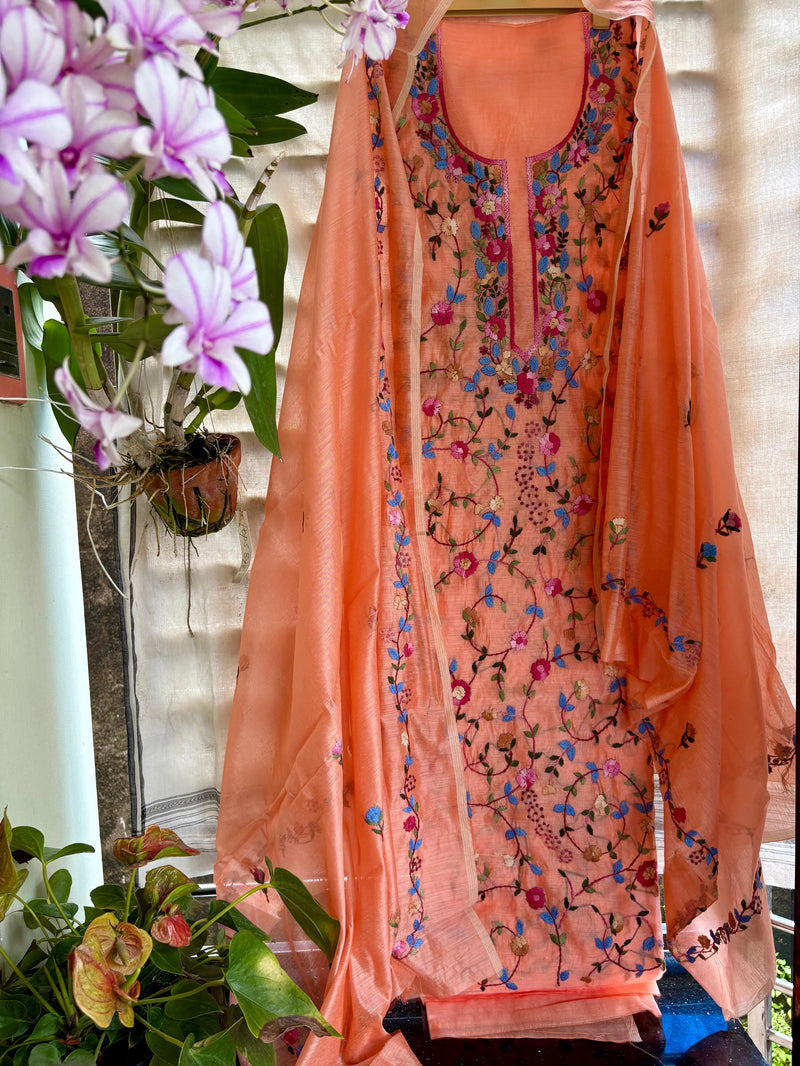 Hand Embroidered 3 Pc Unstitched Set in Cotton Chanderi