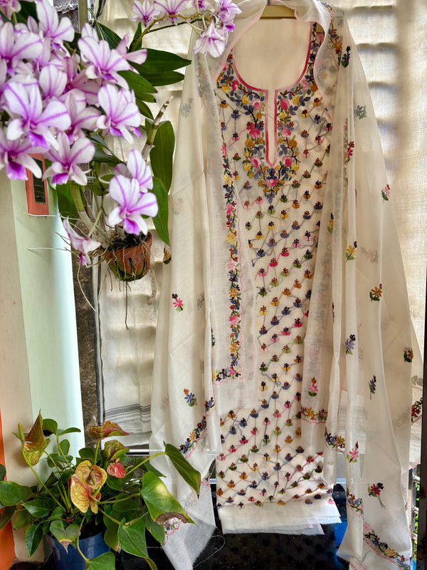 Hand Embroidered 3 Pc Unstitched Set in Cotton Chanderi