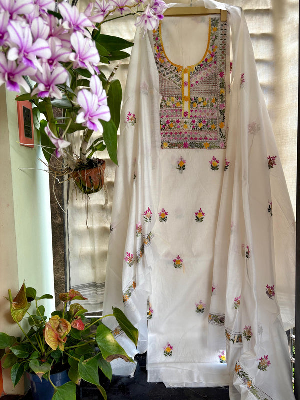 Hand Embroidered 3 Pc Unstitched Set in Cotton Chanderi