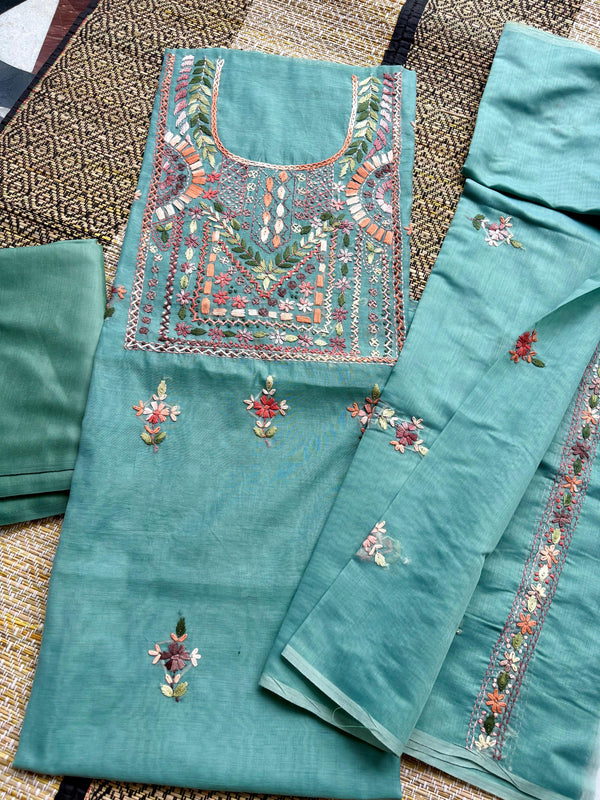 Hand Embroidered 3 Pc Unstitched Set in Cotton Chanderi