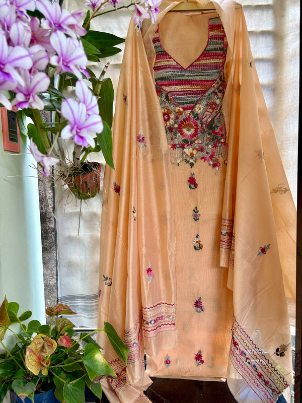 Hand Embroidered 3 Pc Unstitched Set in Cotton Chanderi