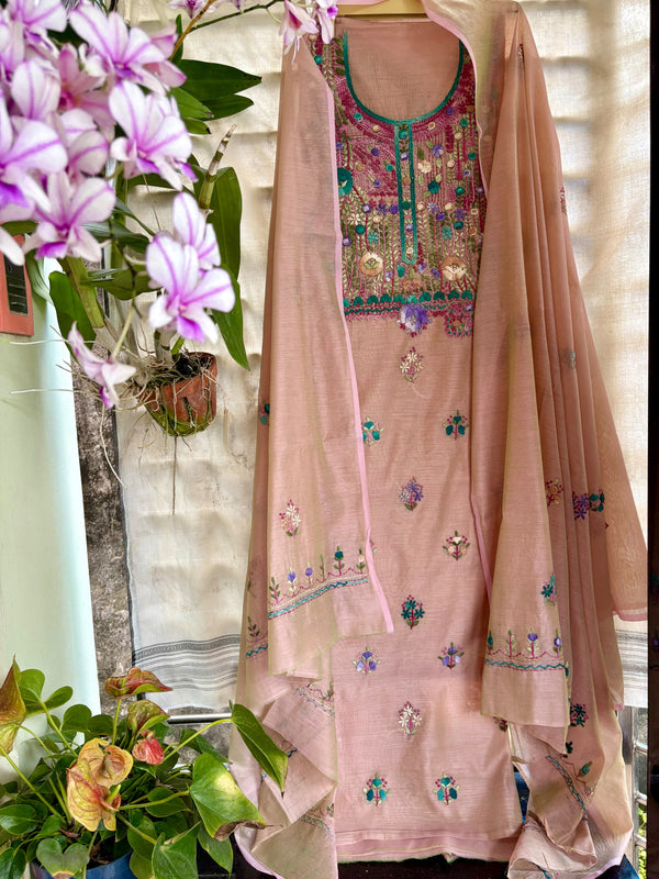 Hand Embroidered 3 Pc Unstitched Set in Cotton Chanderi
