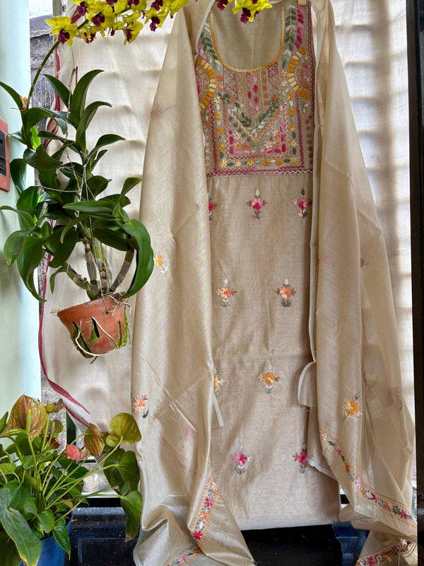 Hand Embroidered 3 Pc Unstitched Set in Cotton Chanderi