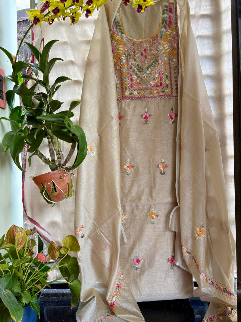 Hand Embroidered 3 Pc Unstitched Set in Cotton Chanderi