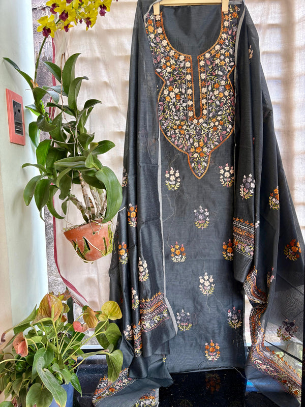Hand Embroidered 3 Pc Unstitched Set in Cotton Chanderi