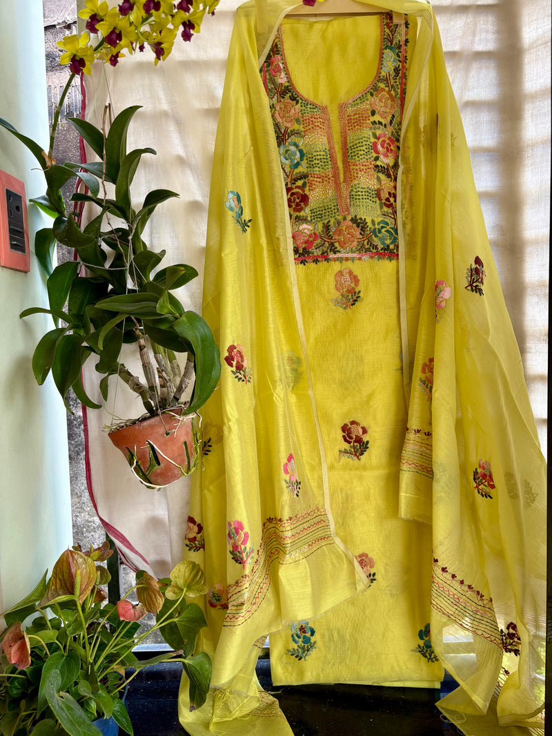 Hand Embroidered 3 Pc Unstitched Set in Cotton Chanderi