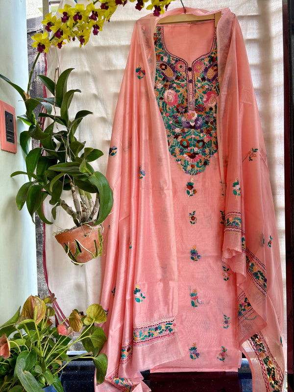 Hand Embroidered 3 Pc Unstitched Set in Cotton Chanderi