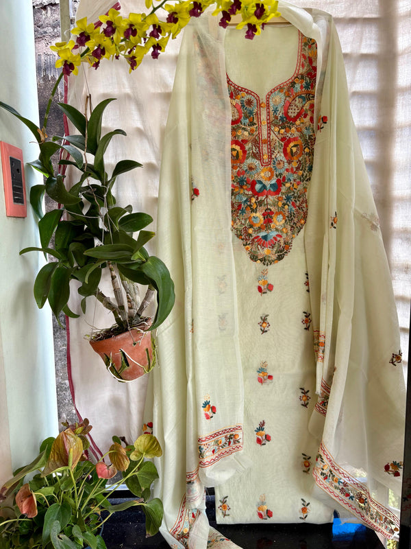 Hand Embroidered 3 Pc Unstitched Set in Cotton Chanderi