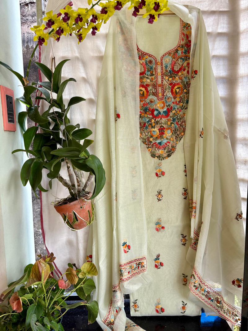 Hand Embroidered 3 Pc Unstitched Set in Cotton Chanderi