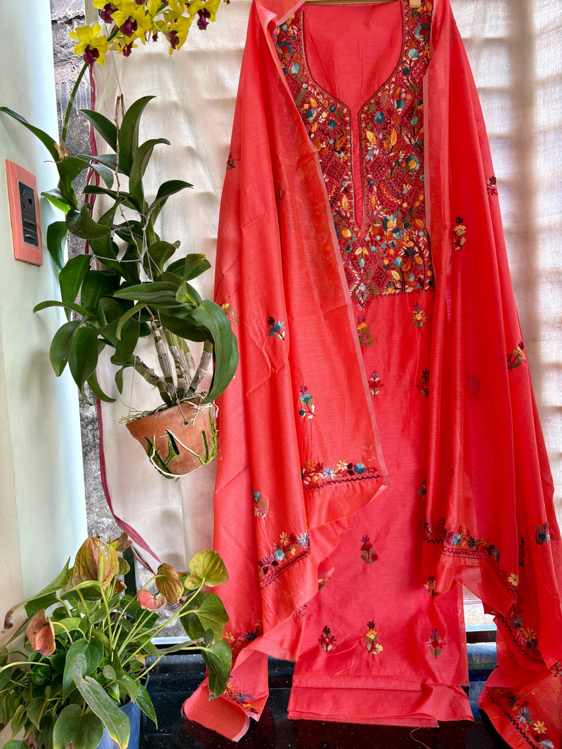 Hand Embroidered 3 Pc Unstitched Set in Cotton Chanderi