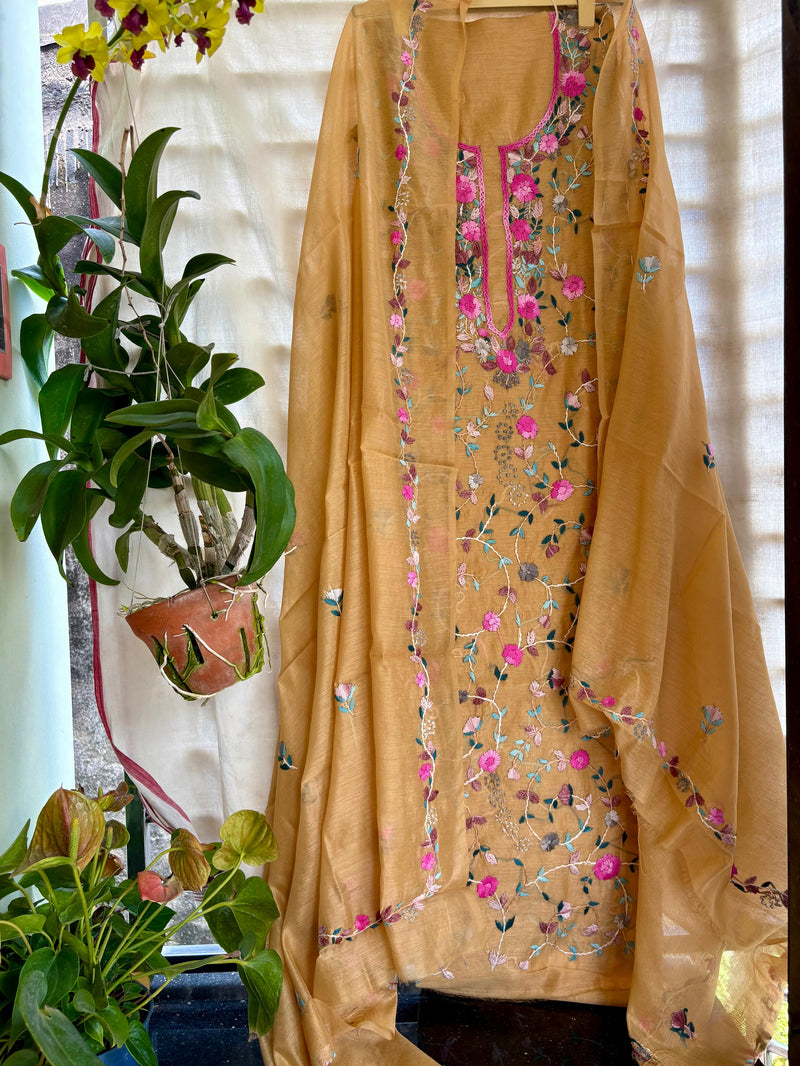 Hand Embroidered 3 Pc Unstitched Set in Cotton Chanderi