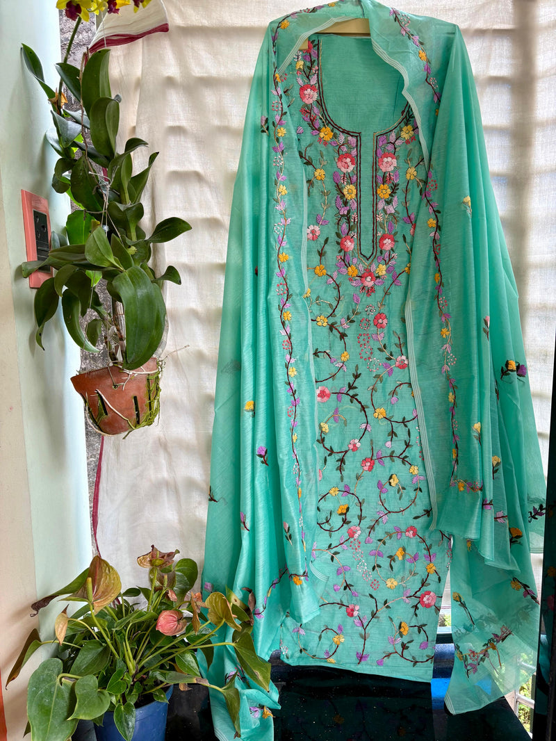 Hand Embroidered 3 Pc Unstitched Set in Cotton Chanderi
