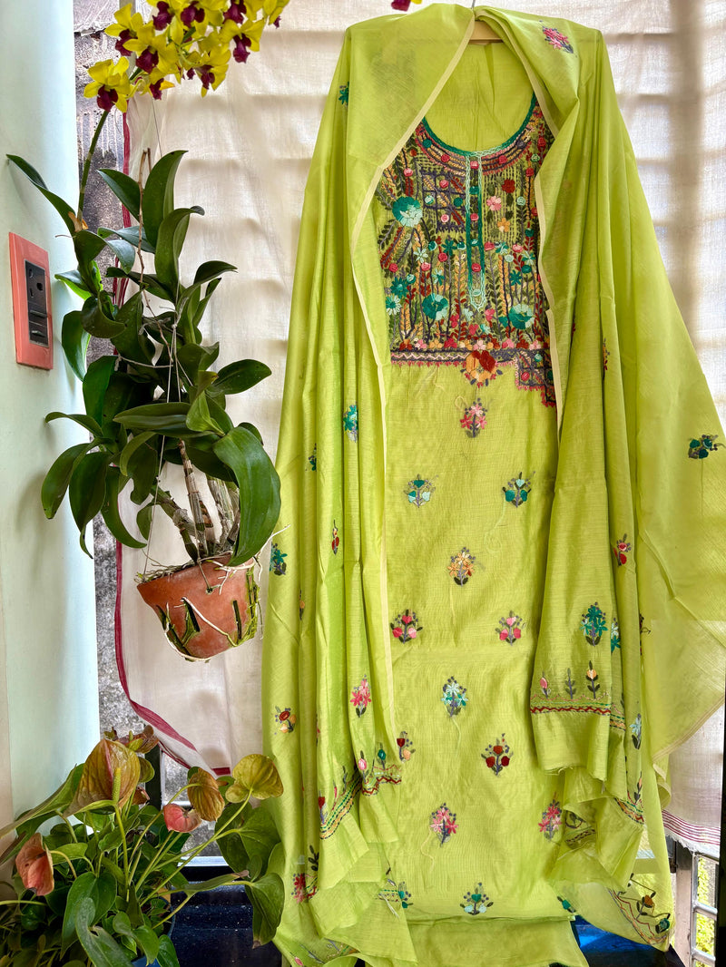 Hand Embroidered 3 Pc Unstitched Set in Cotton Chanderi