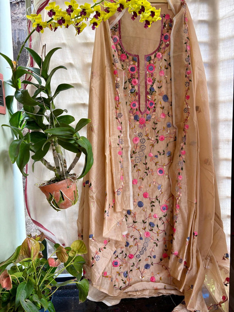Hand Embroidered 3 Pc Unstitched Set in Cotton Chanderi