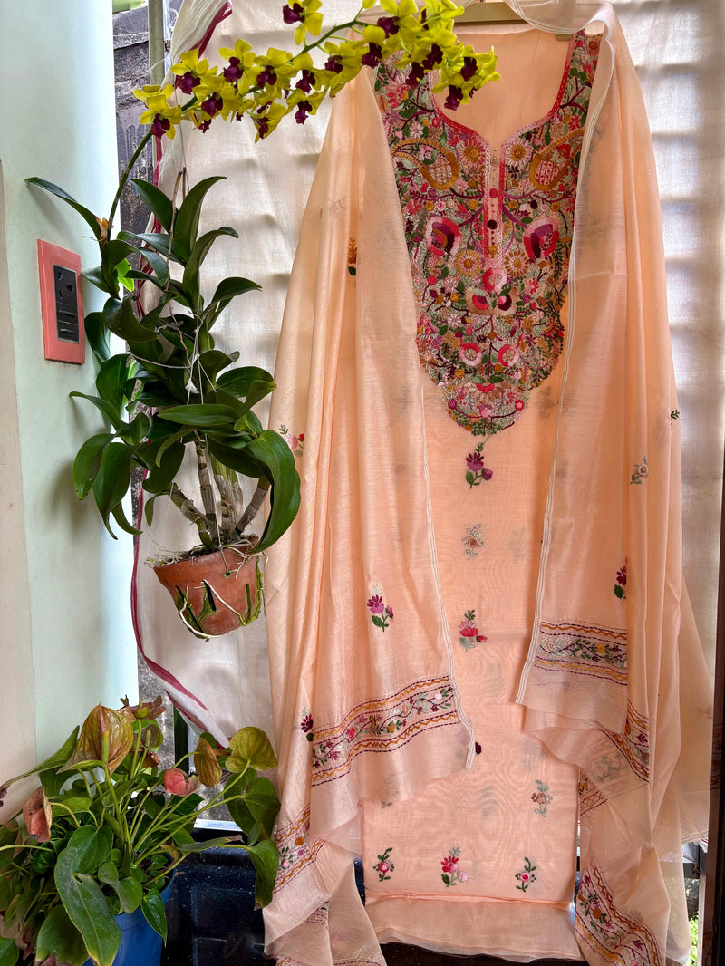 Hand Embroidered 3 Pc Unstitched Set in Cotton Chanderi