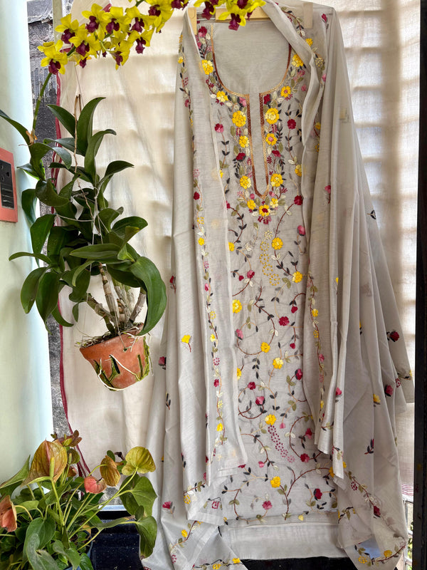 Hand Embroidered 3 Pc Unstitched Set in Cotton Chanderi