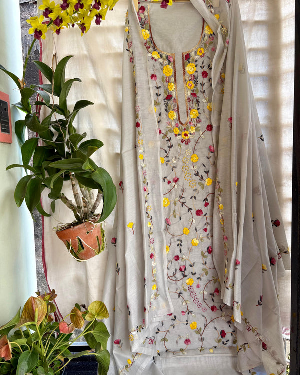Hand Embroidered 3 Pc Unstitched Set in Cotton Chanderi