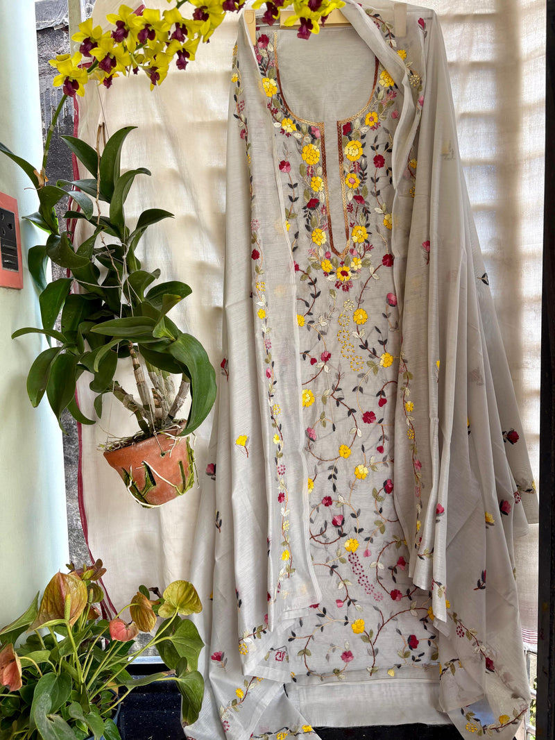 Hand Embroidered 3 Pc Unstitched Set in Cotton Chanderi