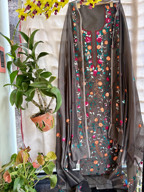 Hand Embroidered 3 Pc Unstitched Set in Cotton Chanderi