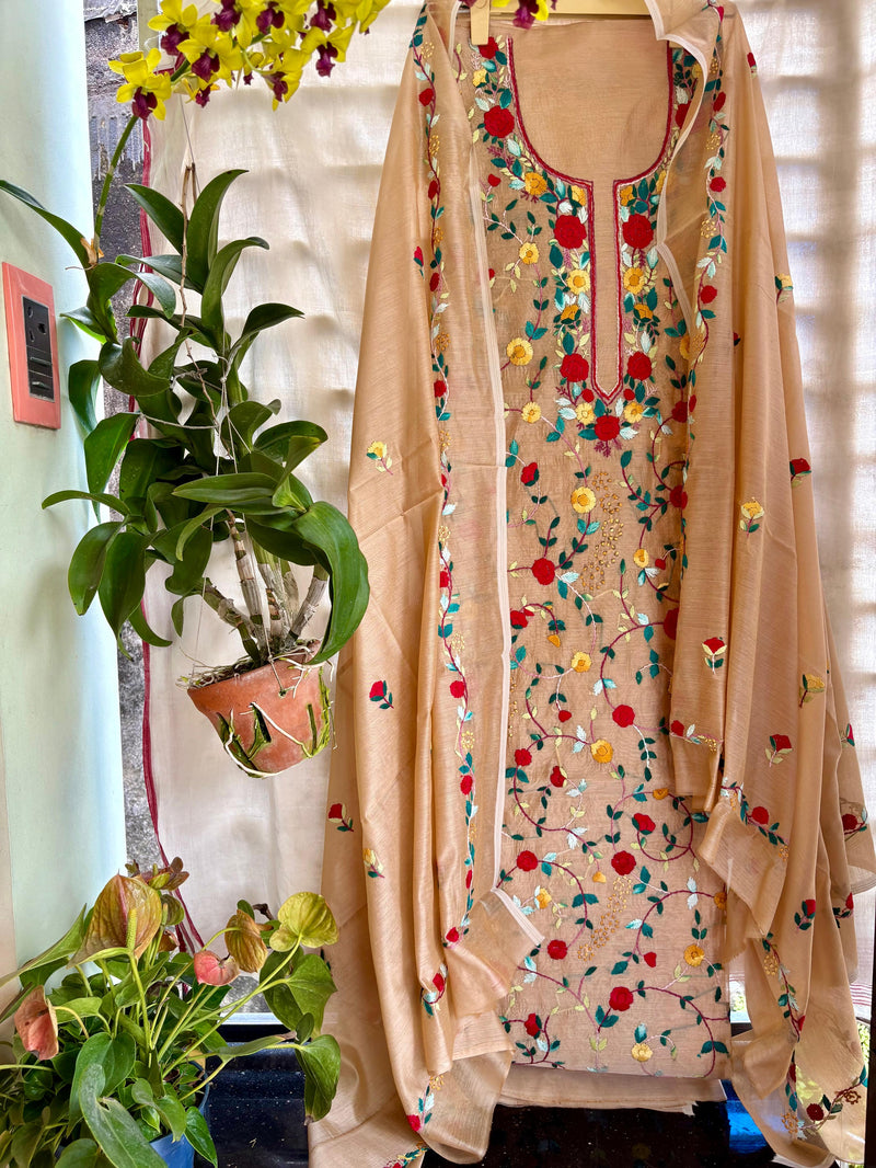 Hand Embroidered 3 Pc Unstitched Set in Cotton Chanderi