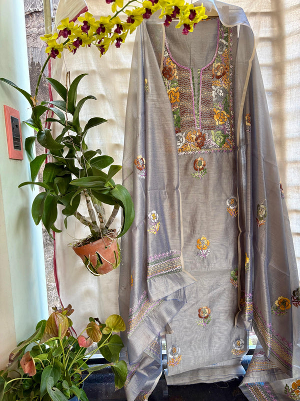 Hand Embroidered 3 Pc Unstitched Set in Cotton Chanderi
