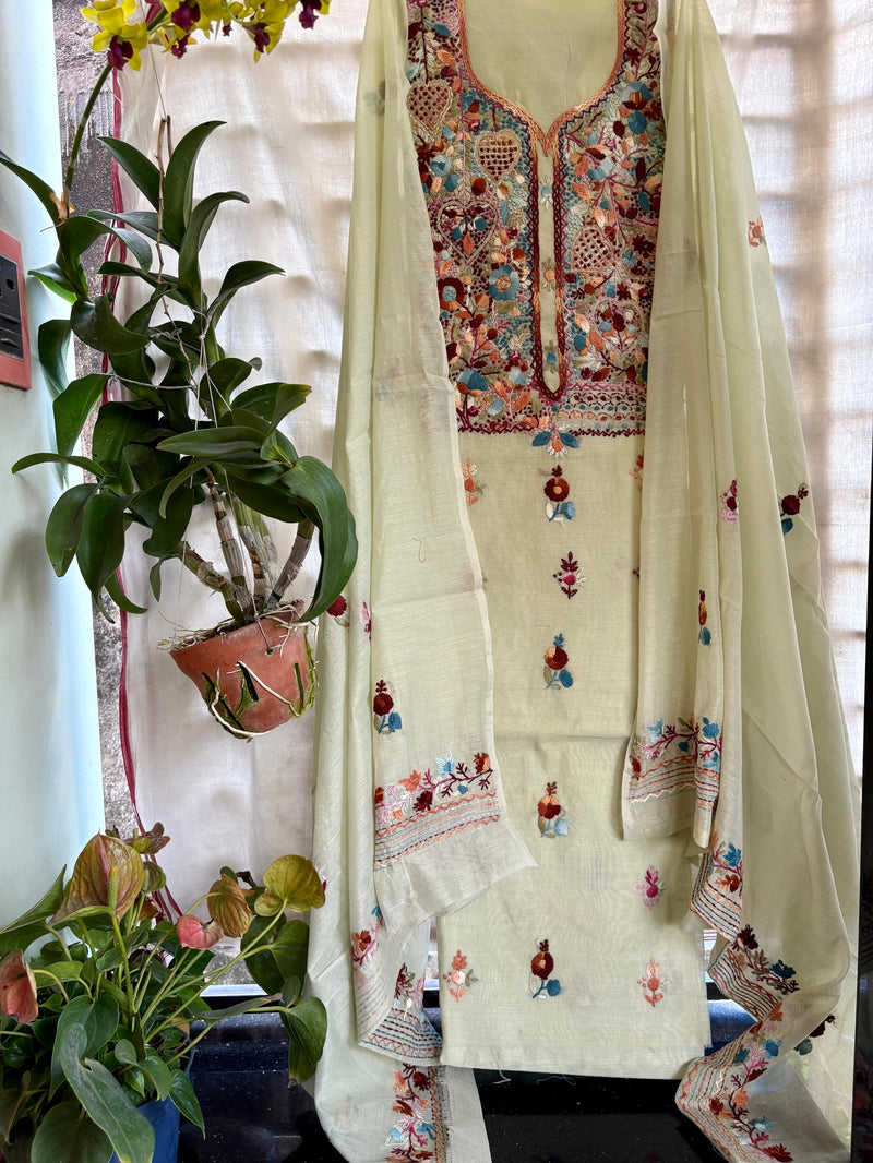 Hand Embroidered 3 Pc Unstitched Set in Cotton Chanderi