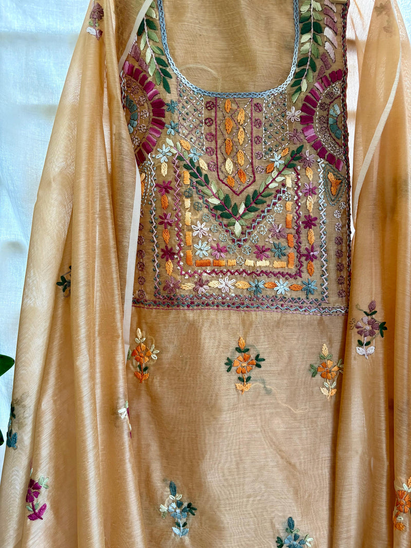 Hand Embroidered 3 Pc Unstitched Set in Cotton Chanderi