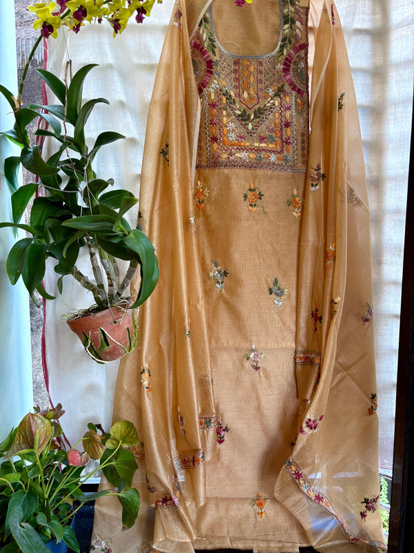 Hand Embroidered 3 Pc Unstitched Set in Cotton Chanderi
