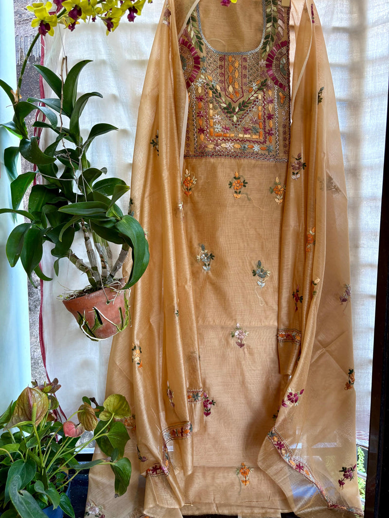 Hand Embroidered 3 Pc Unstitched Set in Cotton Chanderi