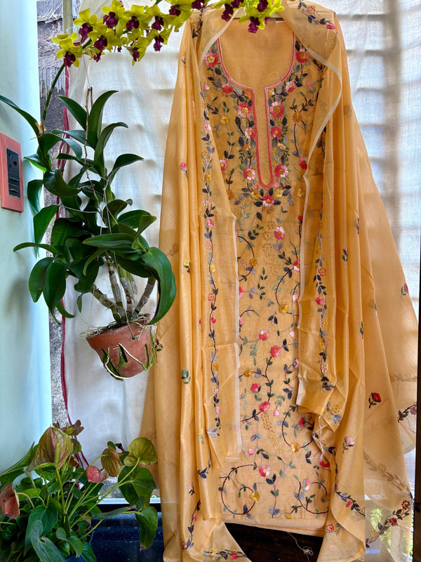 Hand Embroidered 3 Pc Unstitched Set in Cotton Chanderi
