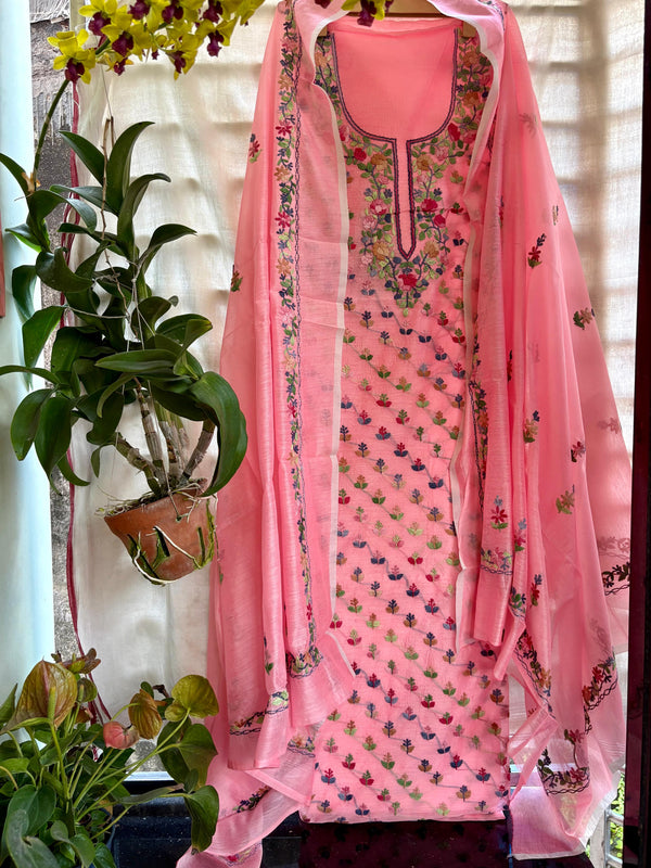 Hand Embroidered 3 Pc Unstitched Set in Cotton Chanderi