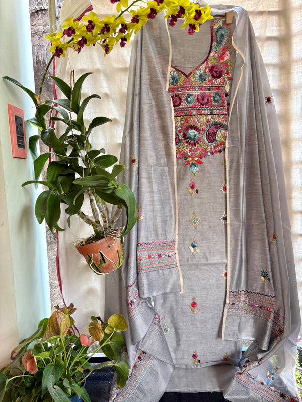 Hand Embroidered 3 Pc Unstitched Set in Cotton Chanderi