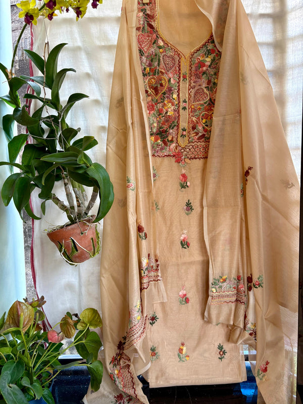 Hand Embroidered 3 Pc Unstitched Set in Cotton Chanderi