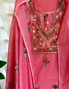 Hand Embroidered 3 Pc Unstitched Set in Cotton Chanderi