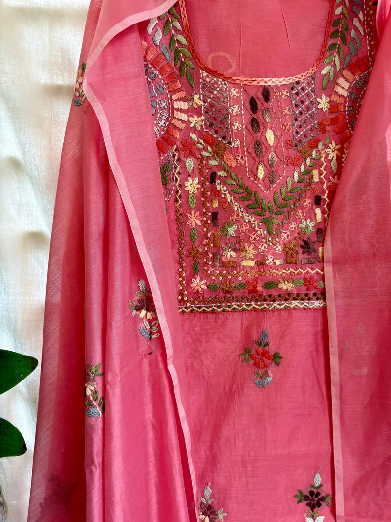 Hand Embroidered 3 Pc Unstitched Set in Cotton Chanderi